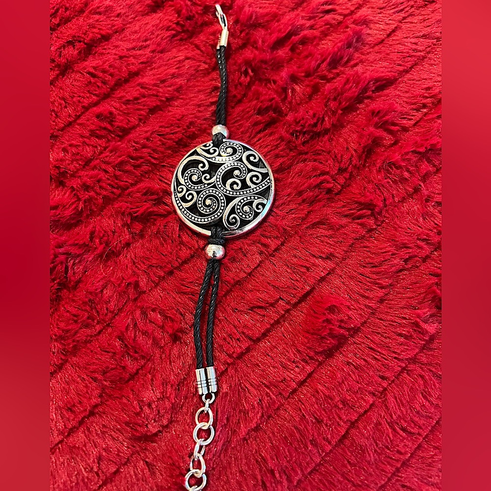 Brighton ANAHITA Silver Scroll Disc Double Black Cord Bracelet (Retired)
